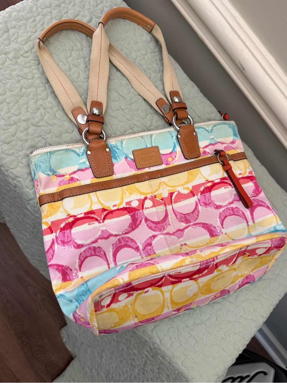Coach Multicolor Canvas Tote with Pink, Yellow & Blue Pattern and Tan Trim